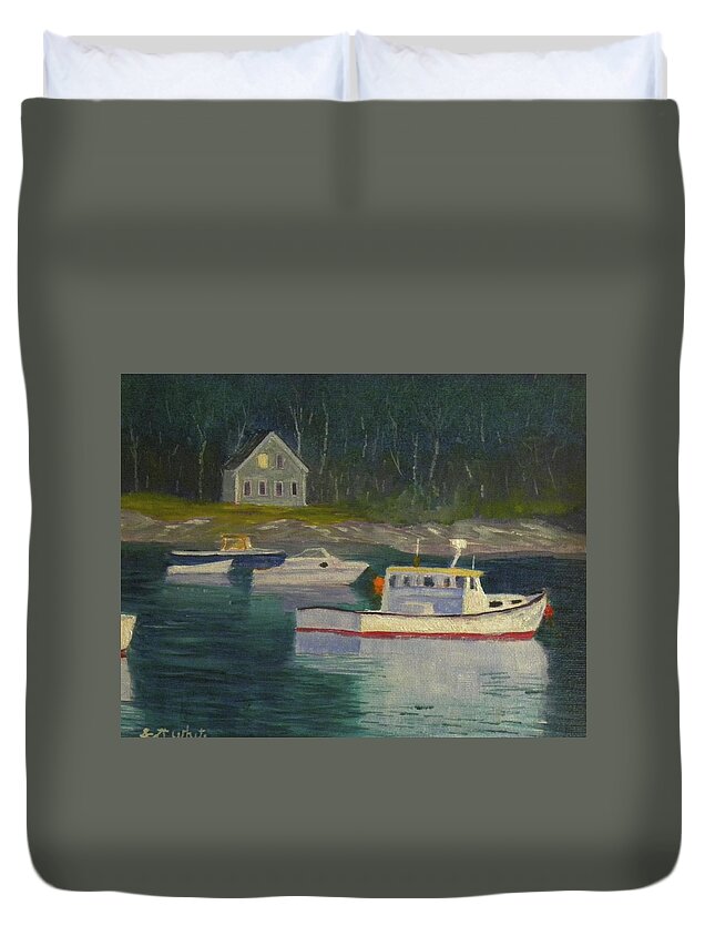 Landscape Boats Homes Water Pond Rocks Duvet Cover featuring the painting Round Pond Fading Light by Scott W White