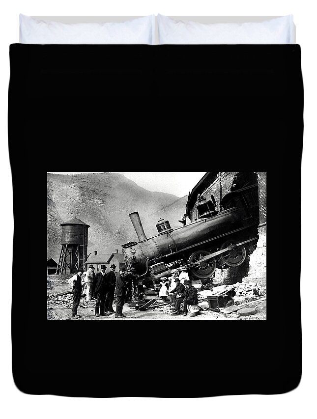 Train Wreck Duvet Cover featuring the photograph Roundhouse Locomotive Crash - Minturn - 1913 by War Is Hell Store