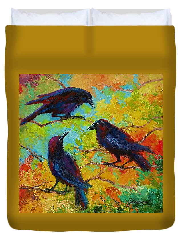 Crows Duvet Cover featuring the painting Roundtable Discussion - Crows by Marion Rose