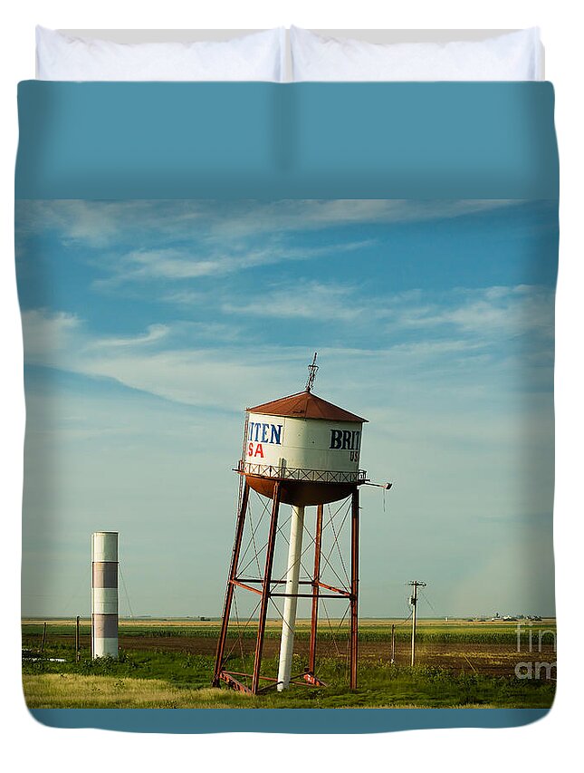 Route Duvet Cover featuring the photograph Route 66 and the Leaning Water Tower of Britten by Mary Jane Armstrong