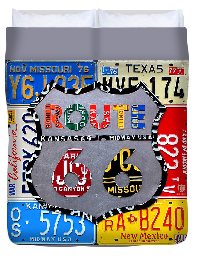 Route 66 Highway Road Sign License Plate Art Travel License Plate Map Duvet Cover featuring the mixed media Route 66 Highway Road Sign License Plate Art by Design Turnpike
