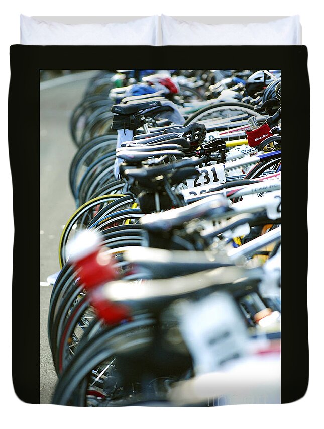 Row Duvet Cover featuring the photograph Row of race bikes 4 by Micah May