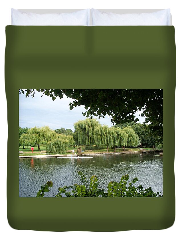 Boat Duvet Cover featuring the photograph Rower on River Avon by Kenlynn Schroeder