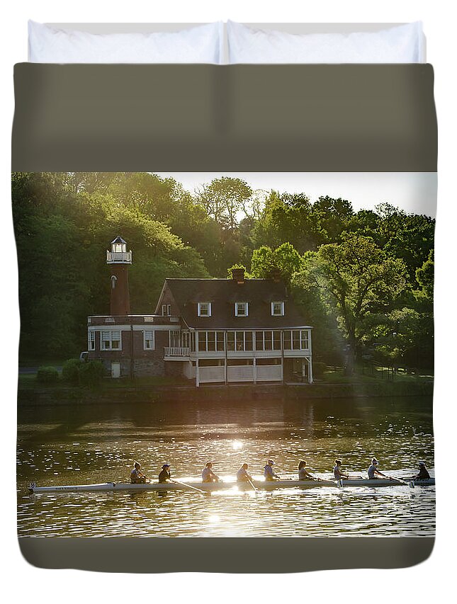 Rowing Duvet Cover featuring the photograph Rowing in Front of Segley Club by Bill Cannon