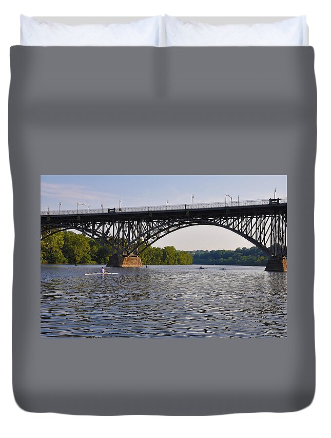 Rowing Duvet Cover featuring the photograph Rowing under the Strawberry Mansion Bridge by Bill Cannon