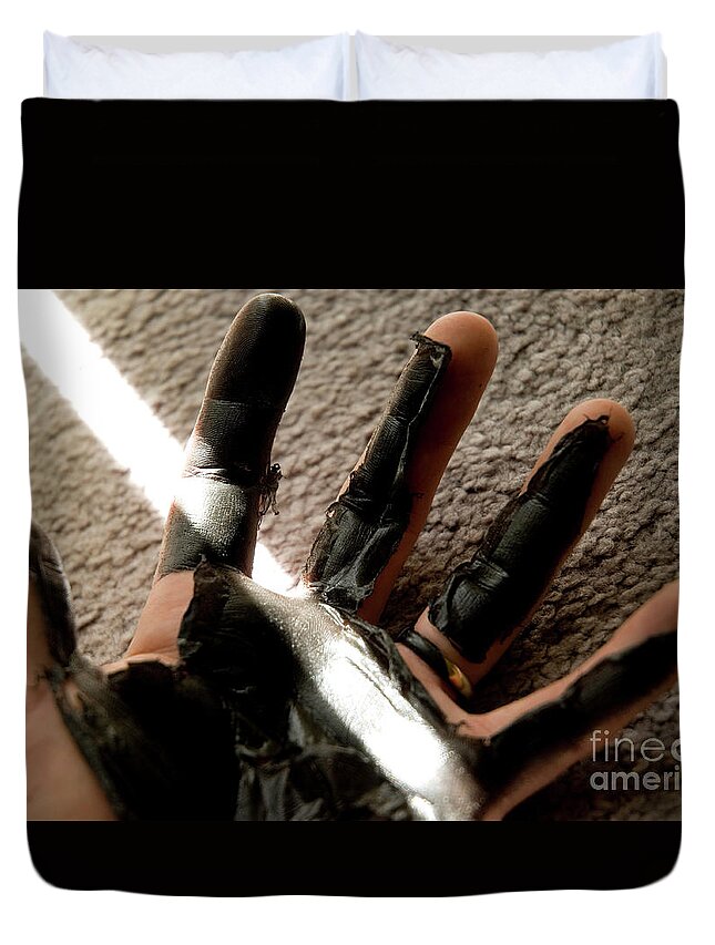 Hand Duvet Cover featuring the photograph Rubber hand by Micah May