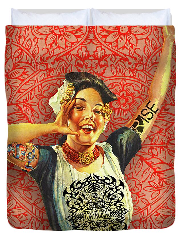 Hand Duvet Cover featuring the mixed media Rubino Rise Woman by Tony Rubino