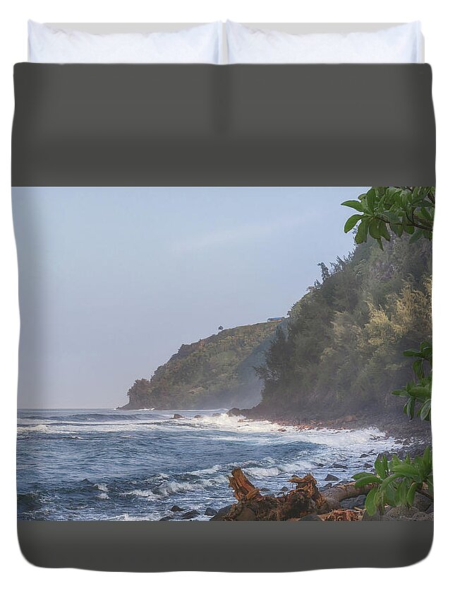 Seascape Duvet Cover featuring the photograph Rugged Waipio Beach by Susan Rissi Tregoning