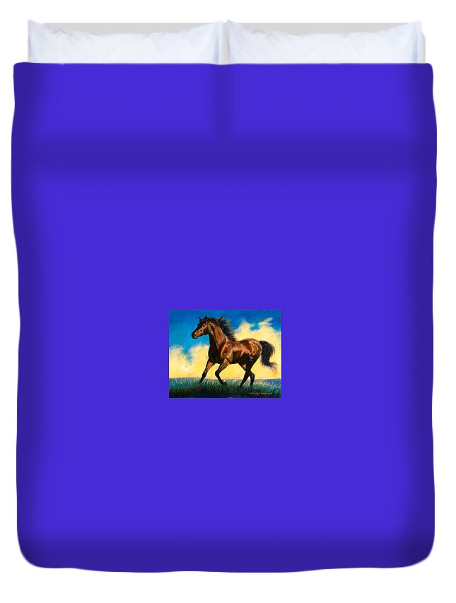 Horse Duvet Cover featuring the painting Running Bay at Dusk by Cynthia Westbrook