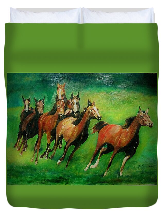 Horse Duvet Cover featuring the painting Running Free by Khalid Saeed