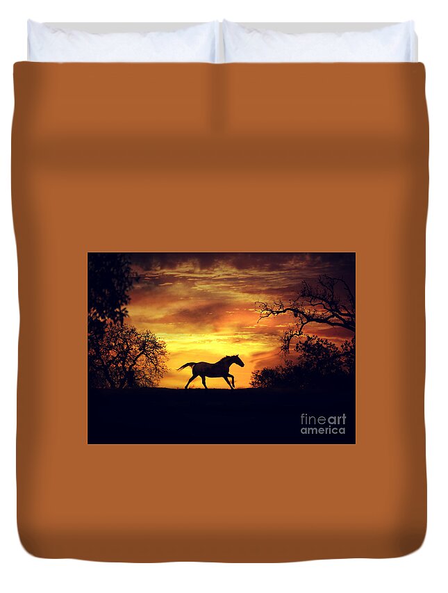 Horse Duvet Cover featuring the photograph Running Horse at Sunset by Stephanie Laird