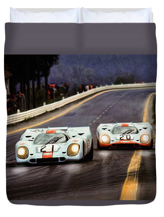 Porsche Duvet Cover featuring the digital art Running One Two by Peter Chilelli