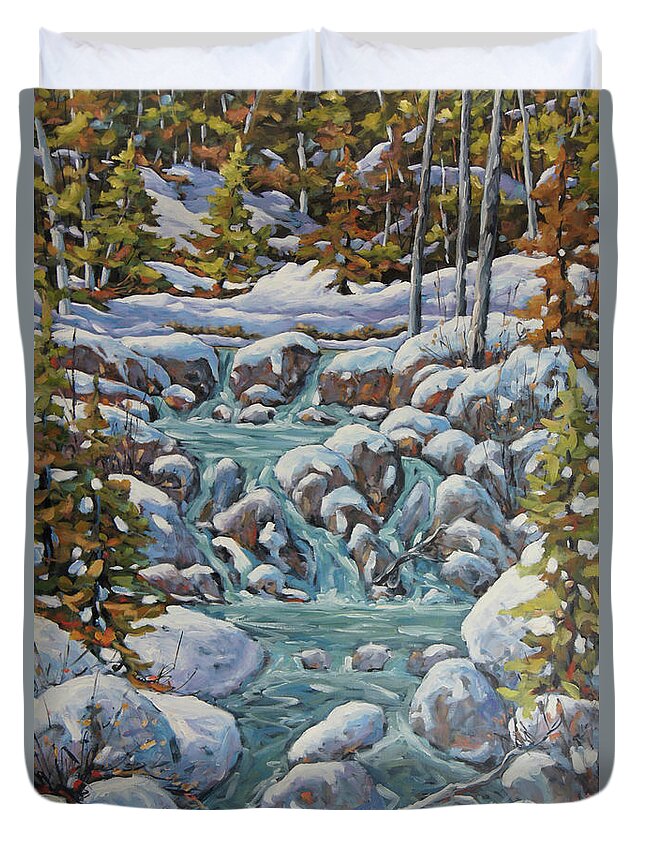 30x24x1.5 Duvet Cover featuring the painting Running River Spring Melt created by Richard T Pranke by Richard T Pranke