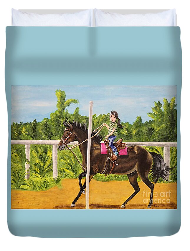 Horse Duvet Cover featuring the painting Running the Poles by Sheri Simmons