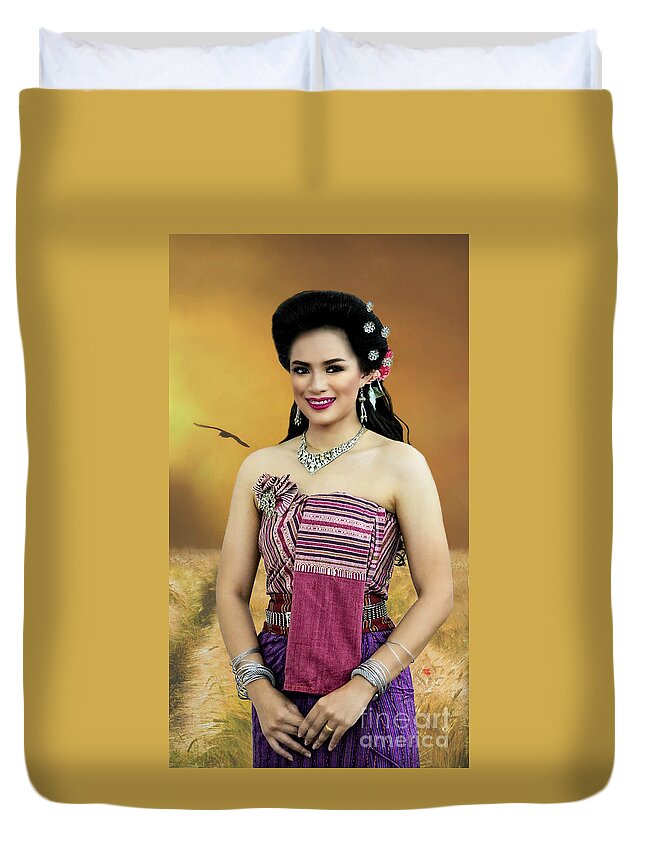 Thailand Duvet Cover featuring the digital art Rural Folk Fashion Girl by Ian Gledhill
