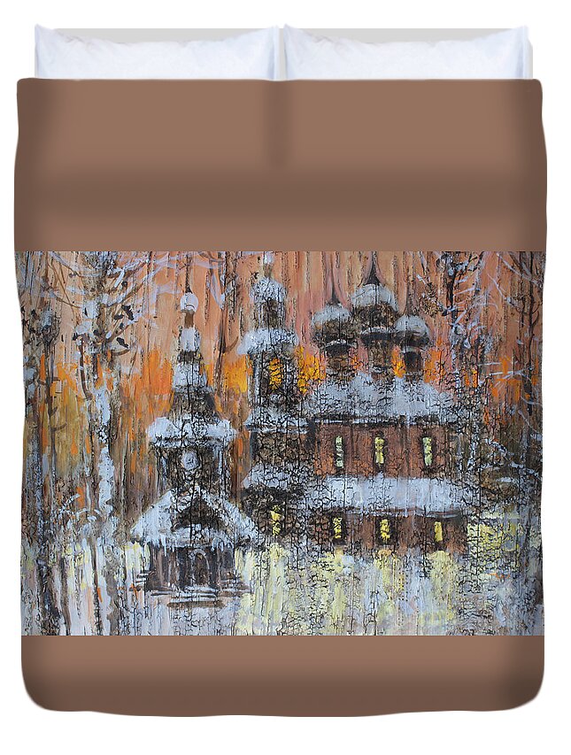 Russia Duvet Cover featuring the painting Russian Church under Snow by Ilya Kondrashov