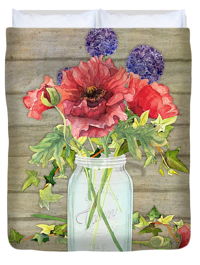 Watercolor Duvet Cover featuring the painting Rustic Country Red Poppy w Alium n Ivy in a Mason Jar Bouquet on Wooden Fence by Audrey Jeanne Roberts