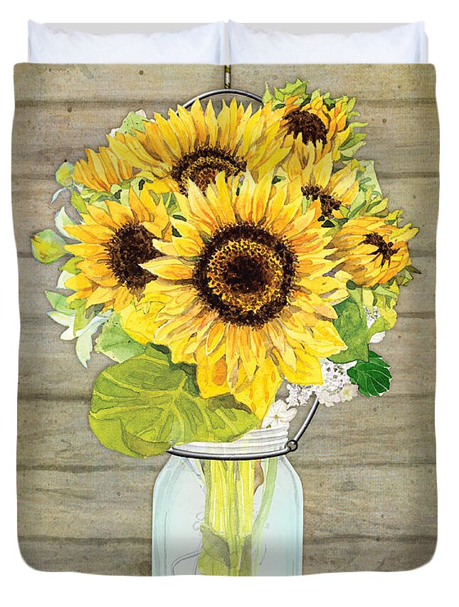 Watercolor Duvet Cover featuring the painting Rustic Country Sunflowers in Mason Jar by Audrey Jeanne Roberts