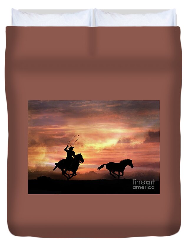 Cowboy Duvet Cover featuring the photograph Rustic Country Western Cowboy and Wild Horse Silhouette by Stephanie Laird