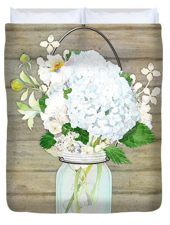 White Hydrangea Duvet Cover featuring the painting Rustic Country White Hydrangea n Matillija Poppy Mason Jar Bouquet on Wooden Fence by Audrey Jeanne Roberts