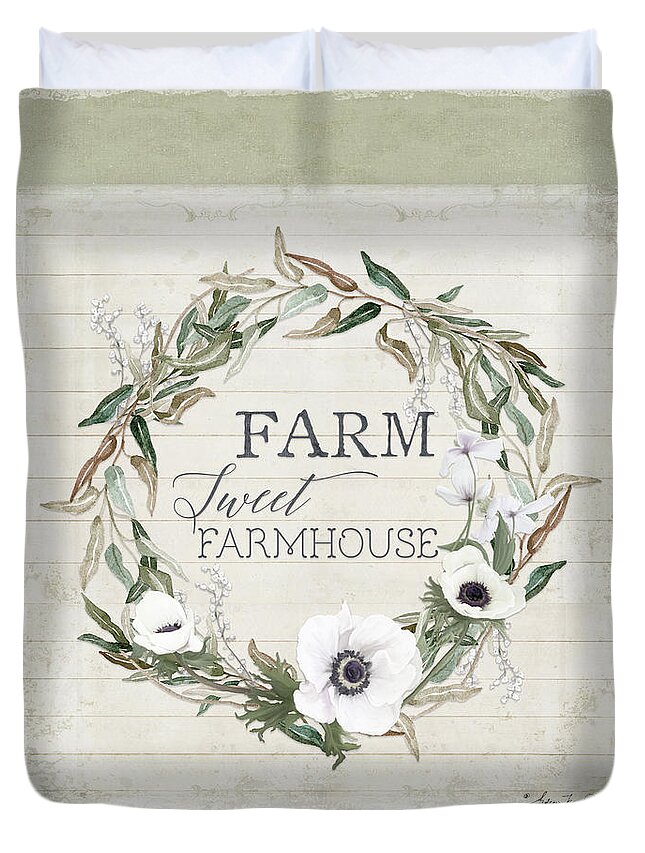  Duvet Cover featuring the painting Rustic Farm Sweet Farmhouse Shiplap Wood Boho Eucalyptus Wreath N Anemone Floral by Audrey Jeanne Roberts
