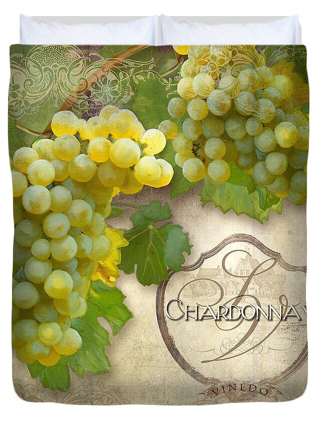 Chardonnay Duvet Cover featuring the painting Rustic Vineyard - Chardonnay White Wine Grapes Vintage Style by Audrey Jeanne Roberts