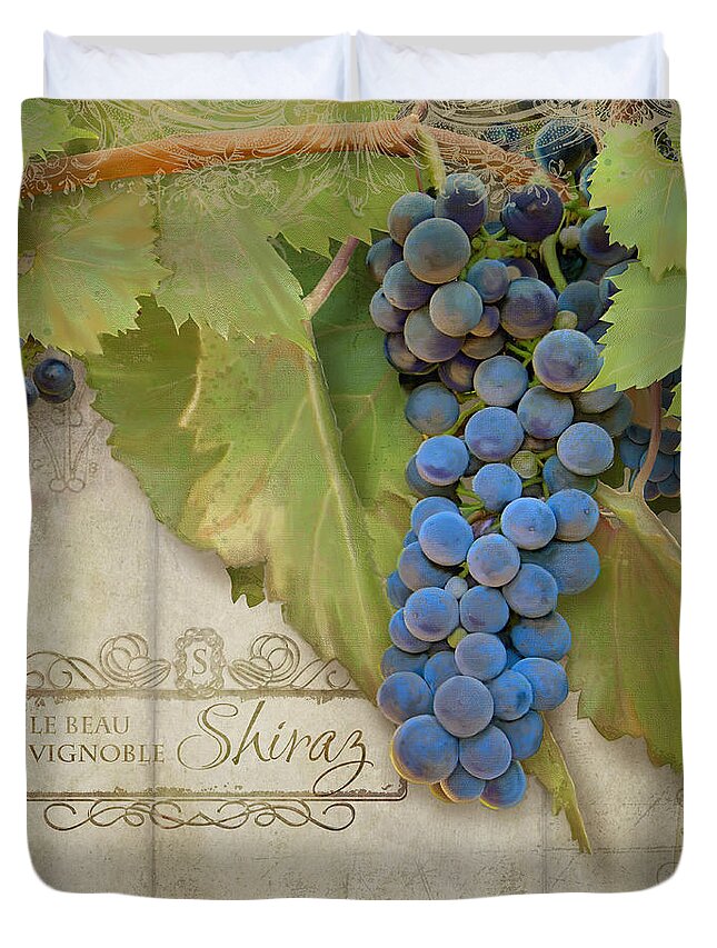 Shiraz Duvet Cover featuring the painting Rustic Vineyard - Shiraz Wine Grapes over Stone by Audrey Jeanne Roberts