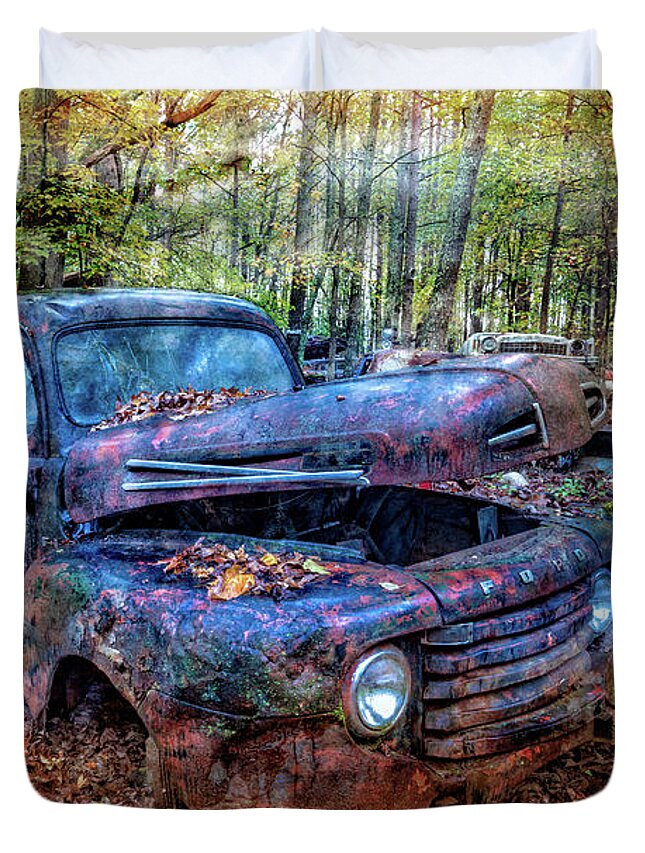 1939 Duvet Cover featuring the photograph Rusty Blue Vintage Ford Truck by Debra and Dave Vanderlaan