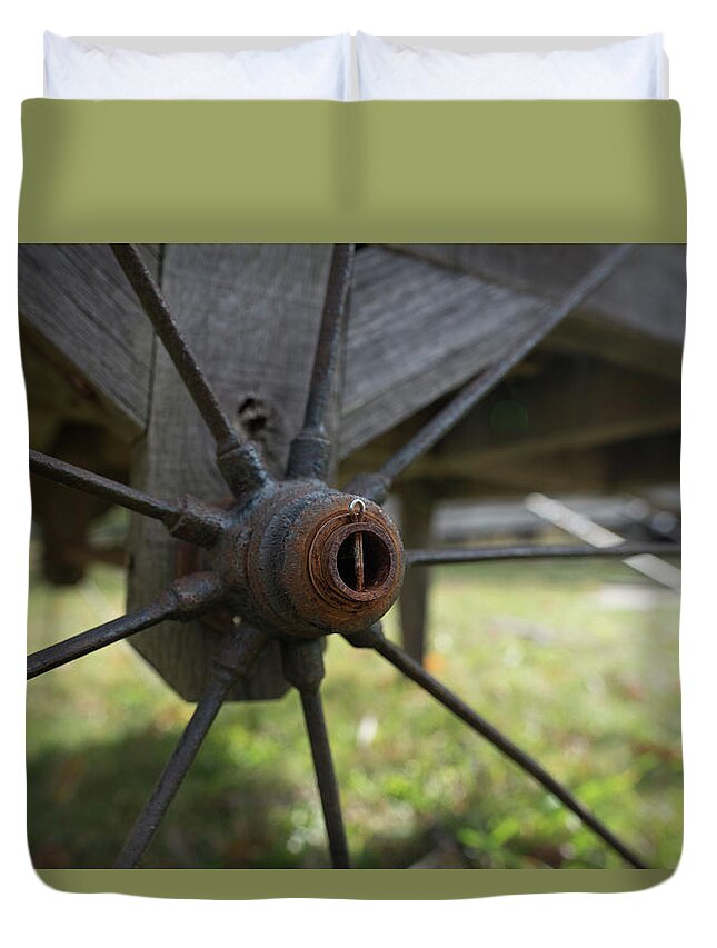 Pin Duvet Cover featuring the photograph Rusty Wagon Wheel by Doug Ash