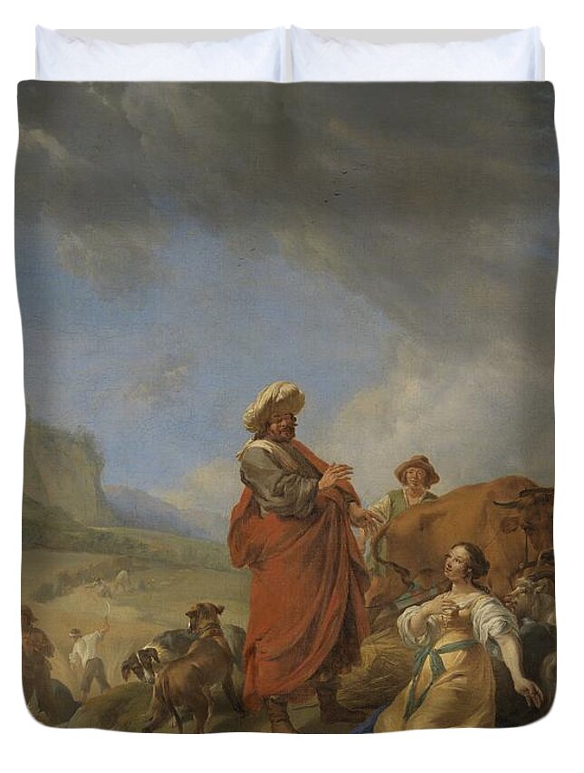Nicolaes Pietersz Berchem Duvet Cover featuring the painting Ruth and Boas, 1640-1650 by Vincent Monozlay