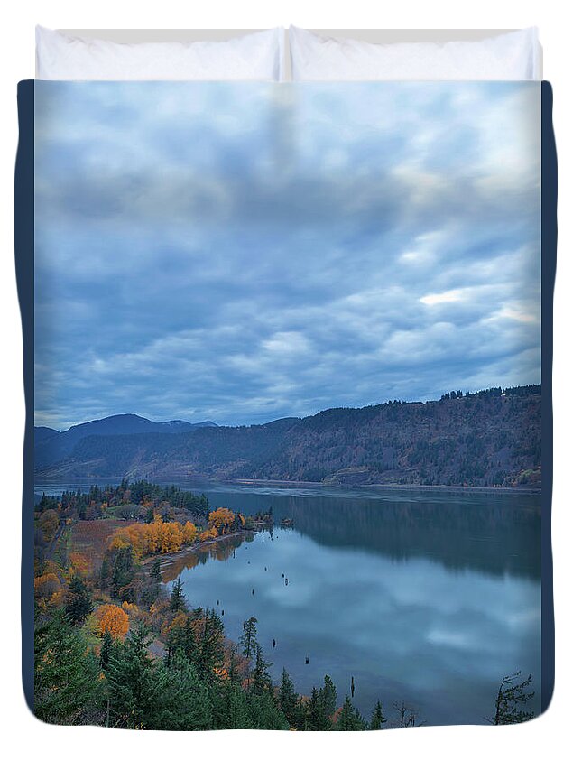 Hood Duvet Cover featuring the photograph Ruthton Point during Evening Blue Hour by David Gn