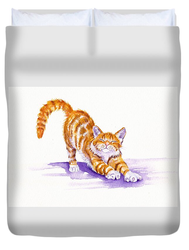 Cats Duvet Cover featuring the painting S-T-R-E-T-C-H  Ginger Cat by Debra Hall