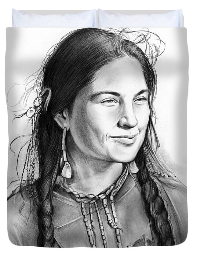 Sacagawea Duvet Cover featuring the drawing Sacagawea by Greg Joens