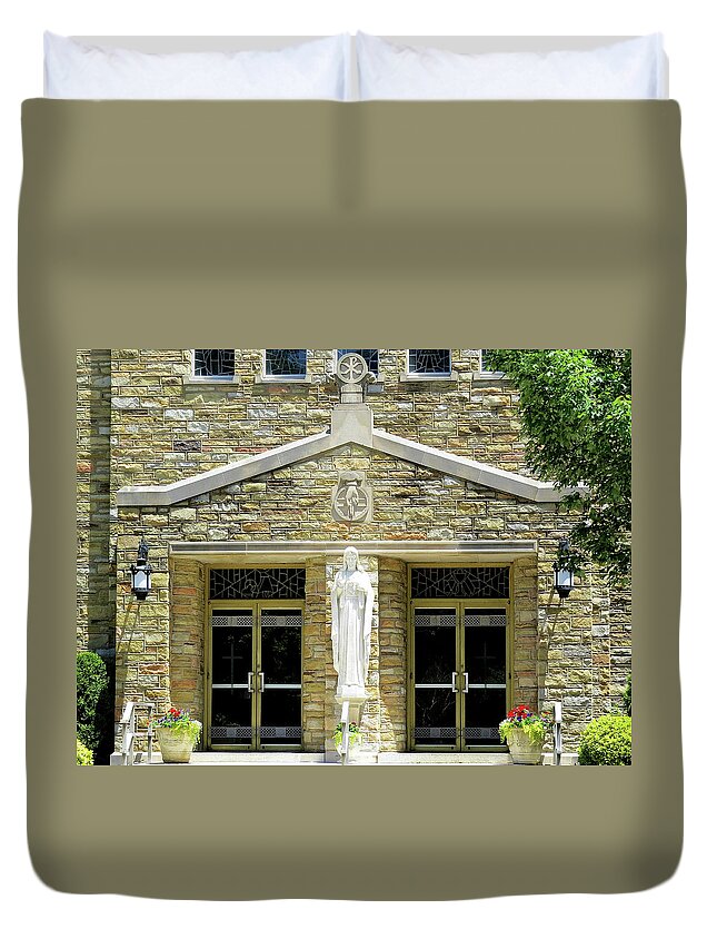 Church Entrance Duvet Cover featuring the photograph Sacred Heart Church Entrance Close Up by Linda Stern