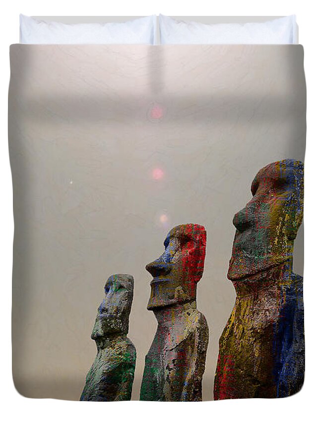 'sacred Places' Collection By Serge Averbukh Duvet Cover featuring the digital art Sacred Places - Easter Island Rapa Nui Moai Figures by Serge Averbukh
