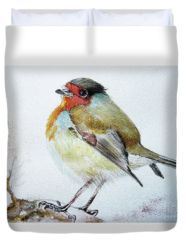 Robin Duvet Cover featuring the painting Sad robin by Jasna Dragun