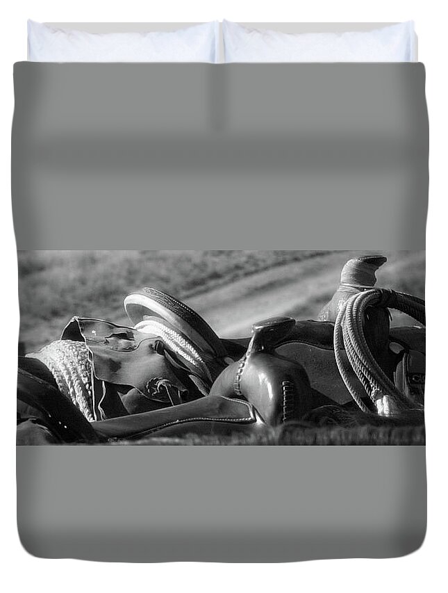 Black Duvet Cover featuring the photograph Saddles at the Ready by Amanda Smith