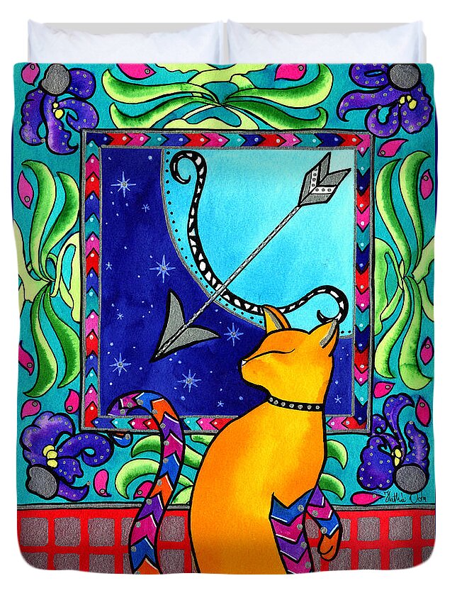 Cat Duvet Cover featuring the painting Sagittarius Cat Zodiac by Dora Hathazi Mendes
