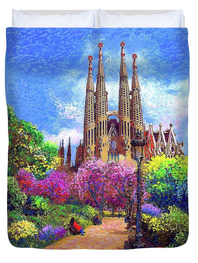 Spain Duvet Cover featuring the painting Sagrada Familia and Park Barcelona by Jane Small