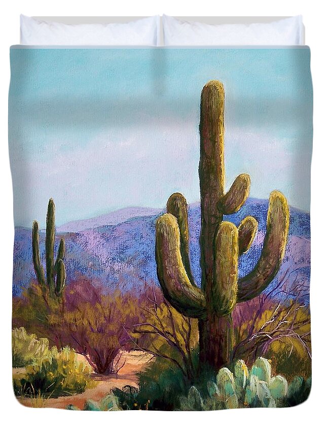 Saguaro Duvet Cover featuring the pastel Saguaro by Candy Mayer