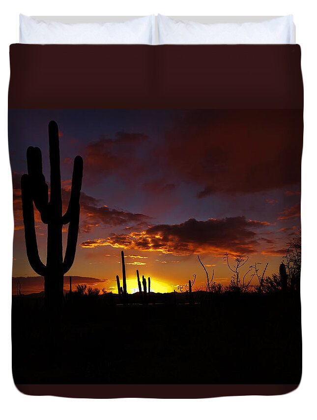 Saguaro National Park Duvet Cover featuring the photograph Saguaro Sunset Silhouette by Susan Rissi Tregoning