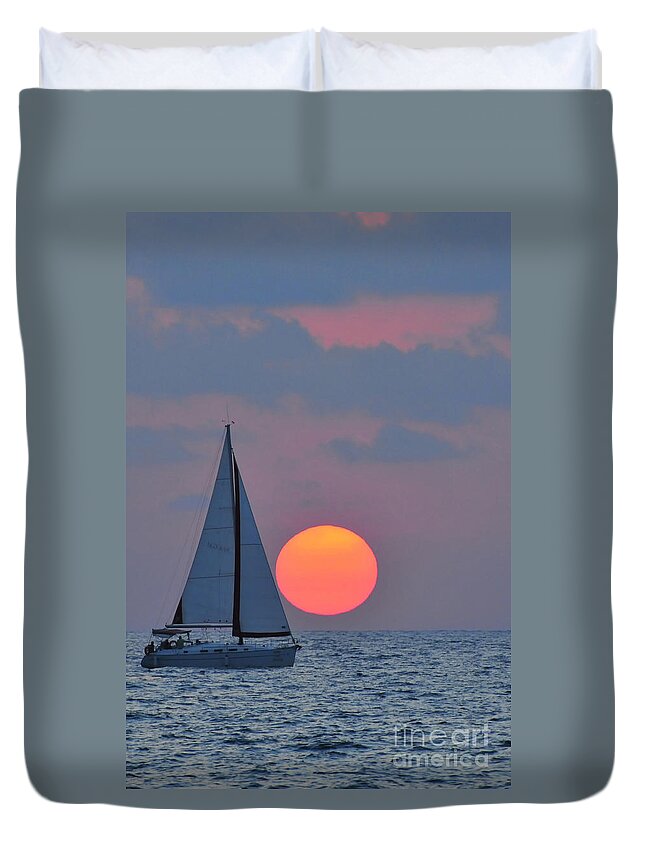 Sail Boats Duvet Cover featuring the photograph Sailboat at sunset by Shay Levy