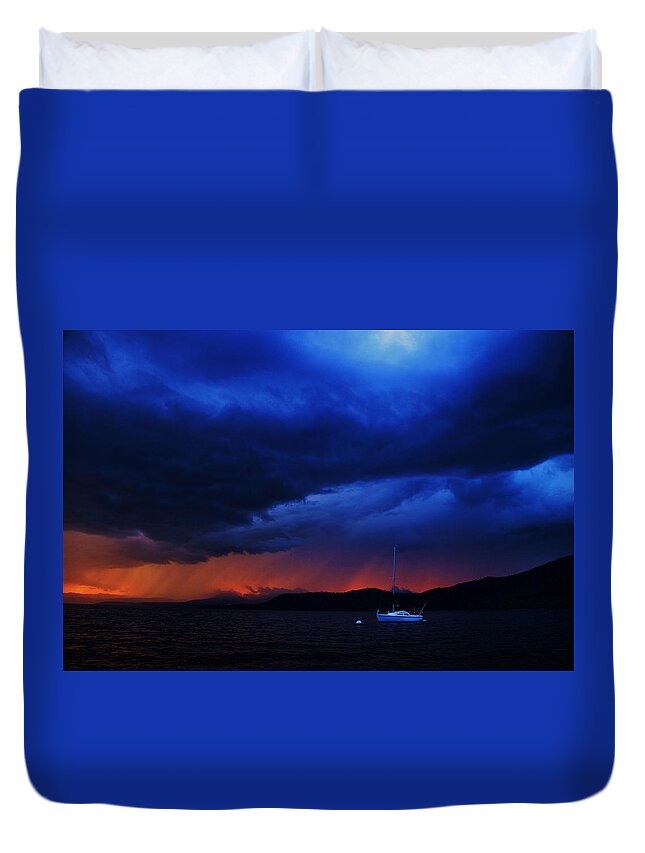 Lake Tahoe Duvet Cover featuring the photograph Sailboat in Thunderstorm by Sean Sarsfield