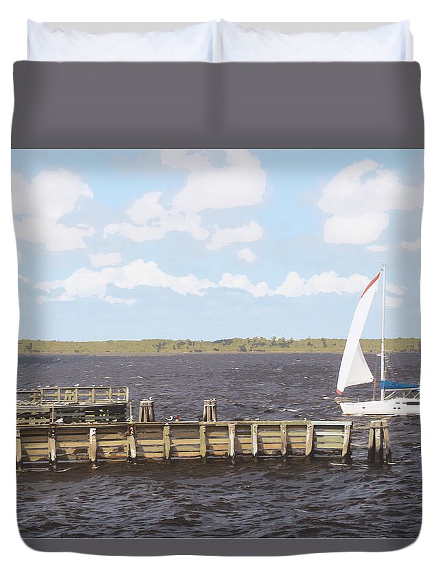 Sailboat Duvet Cover featuring the painting Sailboat on approach by Darrell Foster