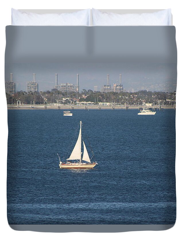Sailboat Duvet Cover featuring the photograph Sailboat on the Pacific in Long Beach by Colleen Cornelius