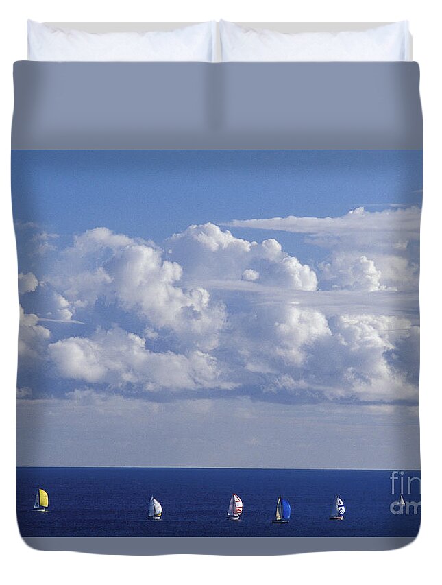 Blue Duvet Cover featuring the photograph Sailboats In Distance by Mary Van de Ven - Printscapes