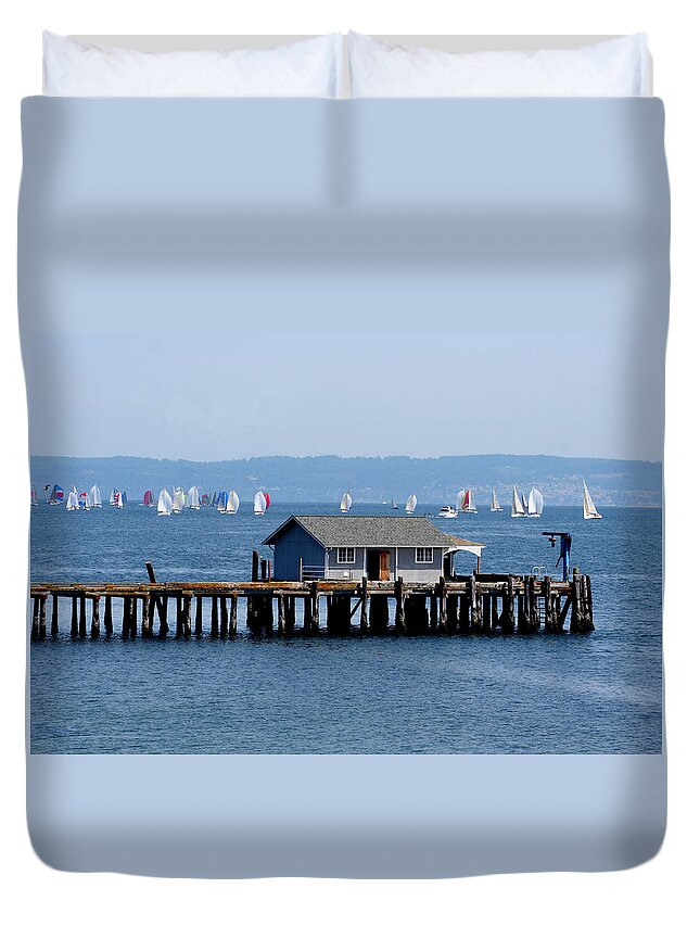 Penncove Duvet Cover featuring the photograph Sailing at Penn Cove by Mary Gaines