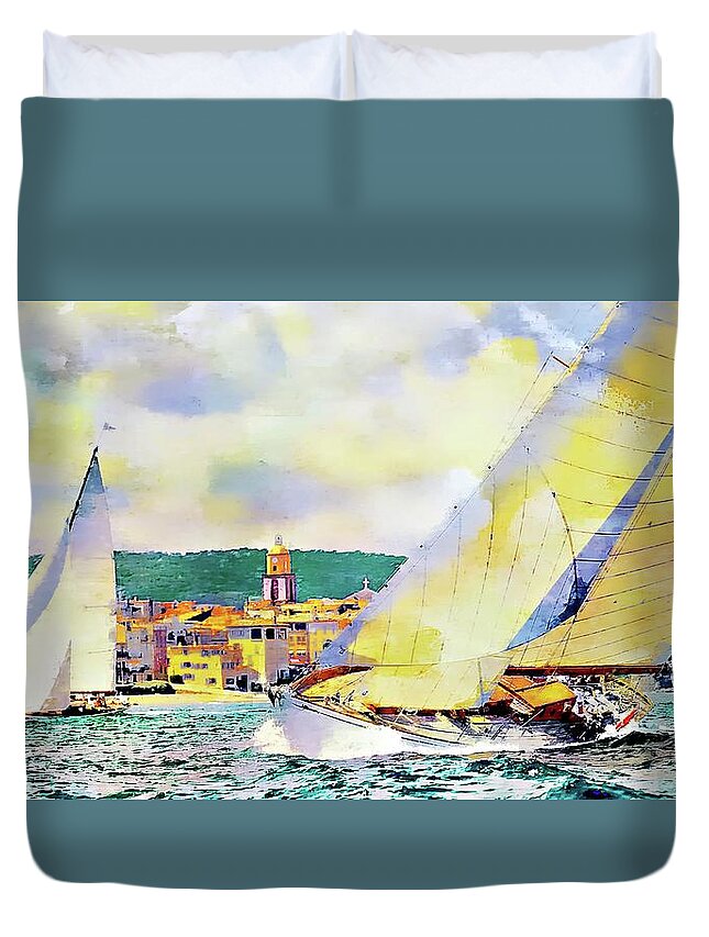 Sailing Boats At Sea Duvet Cover featuring the photograph Sailing boats at sea St. Tropez, Local contrast by Jean Francois Gil