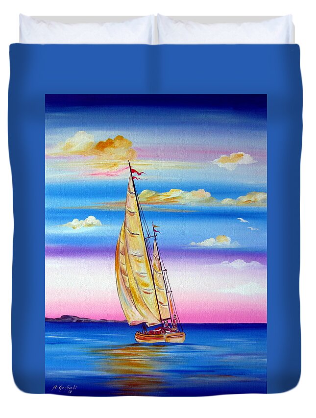 Sails Duvet Cover featuring the painting Sailing Into A Dreamy Sunset by Roberto Gagliardi