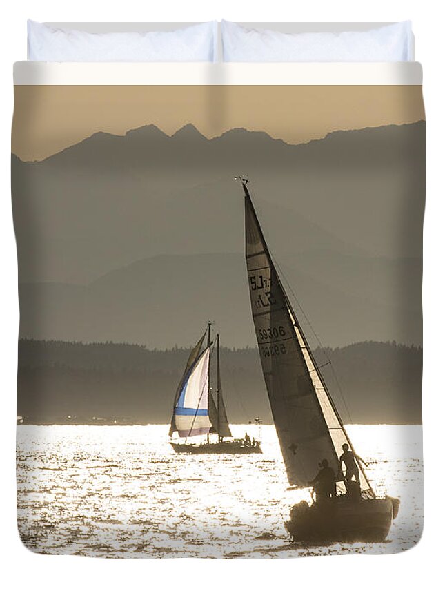 Seattle Duvet Cover featuring the photograph Sailing off into the sunset at Golden Gardens. by Matt McDonald